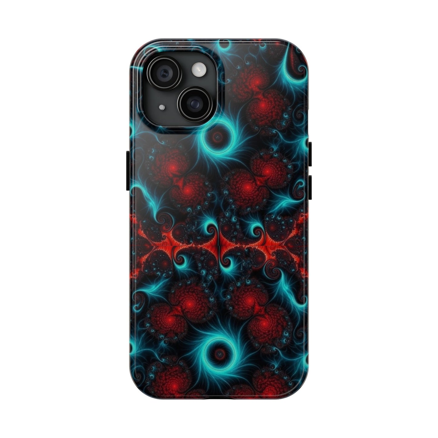 Fractal Bloom Tough Phone Case — Neon Red & Teal Protective Cover