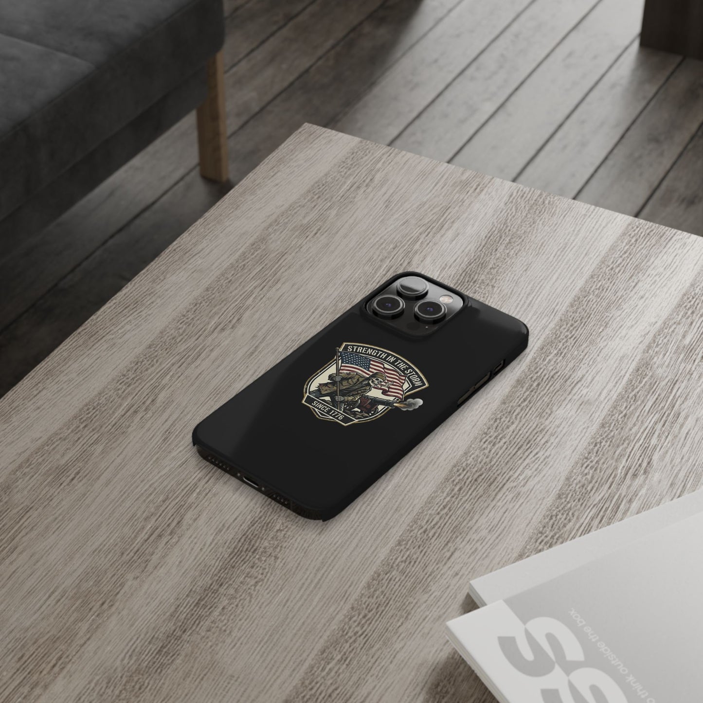American Slim Phone Case — "Strength in the Storm" Patriotic Skeleton Soldier Design