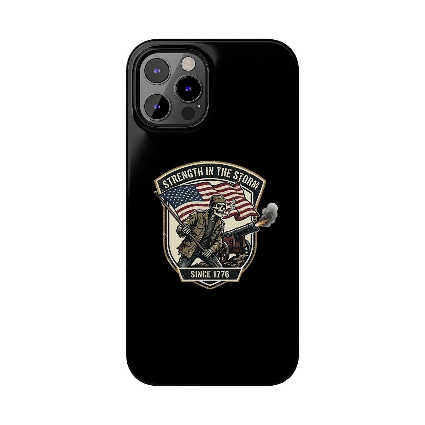American Slim Phone Case — "Strength in the Storm" Patriotic Skeleton Soldier Design