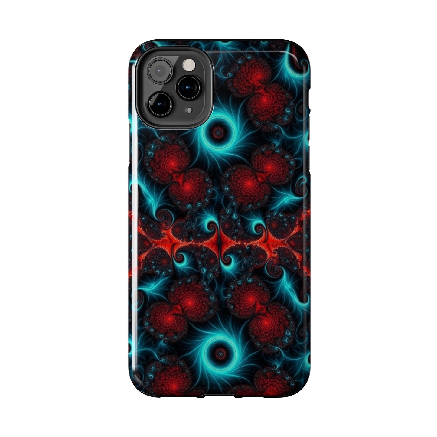 Fractal Bloom Tough Phone Case — Neon Red & Teal Protective Cover