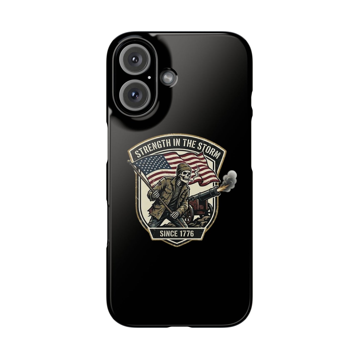 American Slim Phone Case — "Strength in the Storm" Patriotic Skeleton Soldier Design