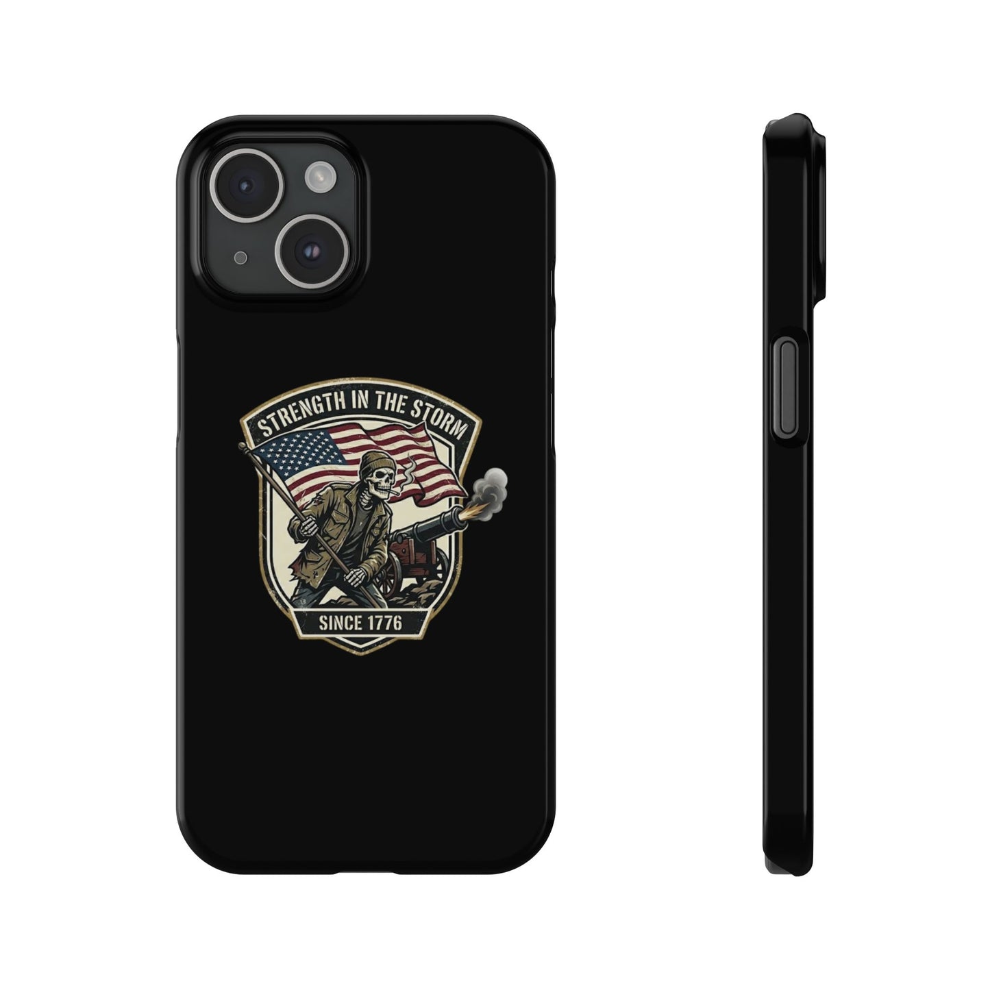 American Slim Phone Case — "Strength in the Storm" Patriotic Skeleton Soldier Design