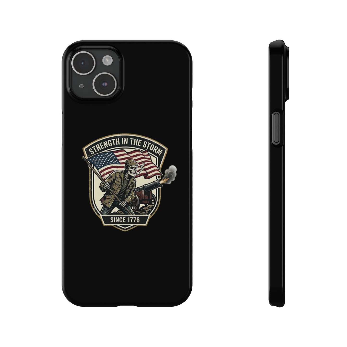 American Slim Phone Case — "Strength in the Storm" Patriotic Skeleton Soldier Design