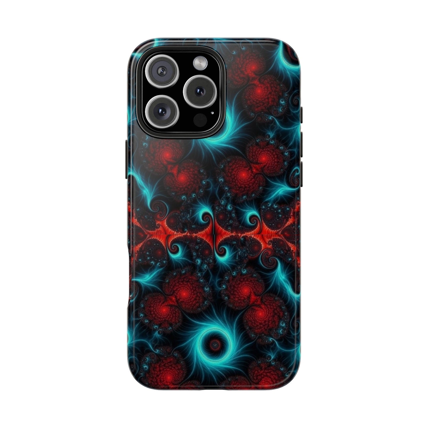 Fractal Bloom Tough Phone Case — Neon Red & Teal Protective Cover