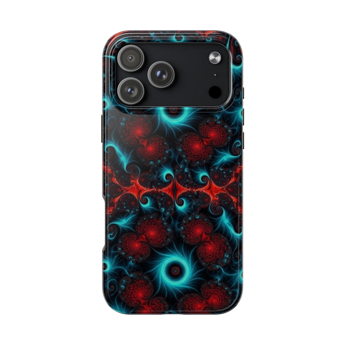 Fractal Bloom Tough Phone Case — Neon Red & Teal Protective Cover