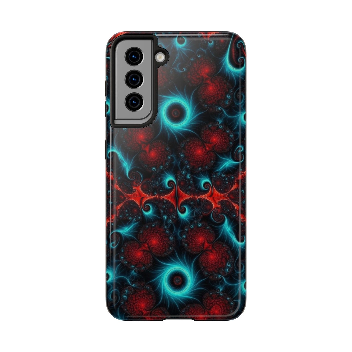 Fractal Bloom Tough Phone Case — Neon Red & Teal Protective Cover