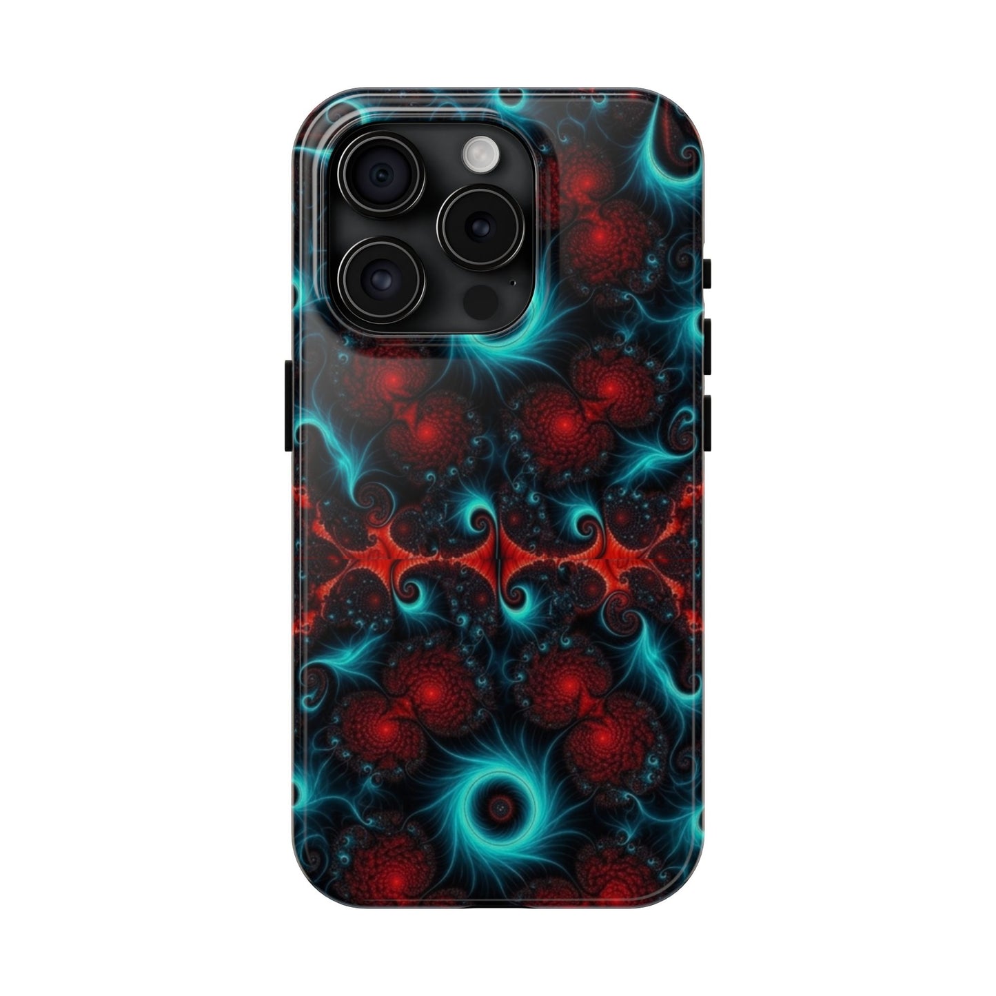 Fractal Bloom Tough Phone Case — Neon Red & Teal Protective Cover