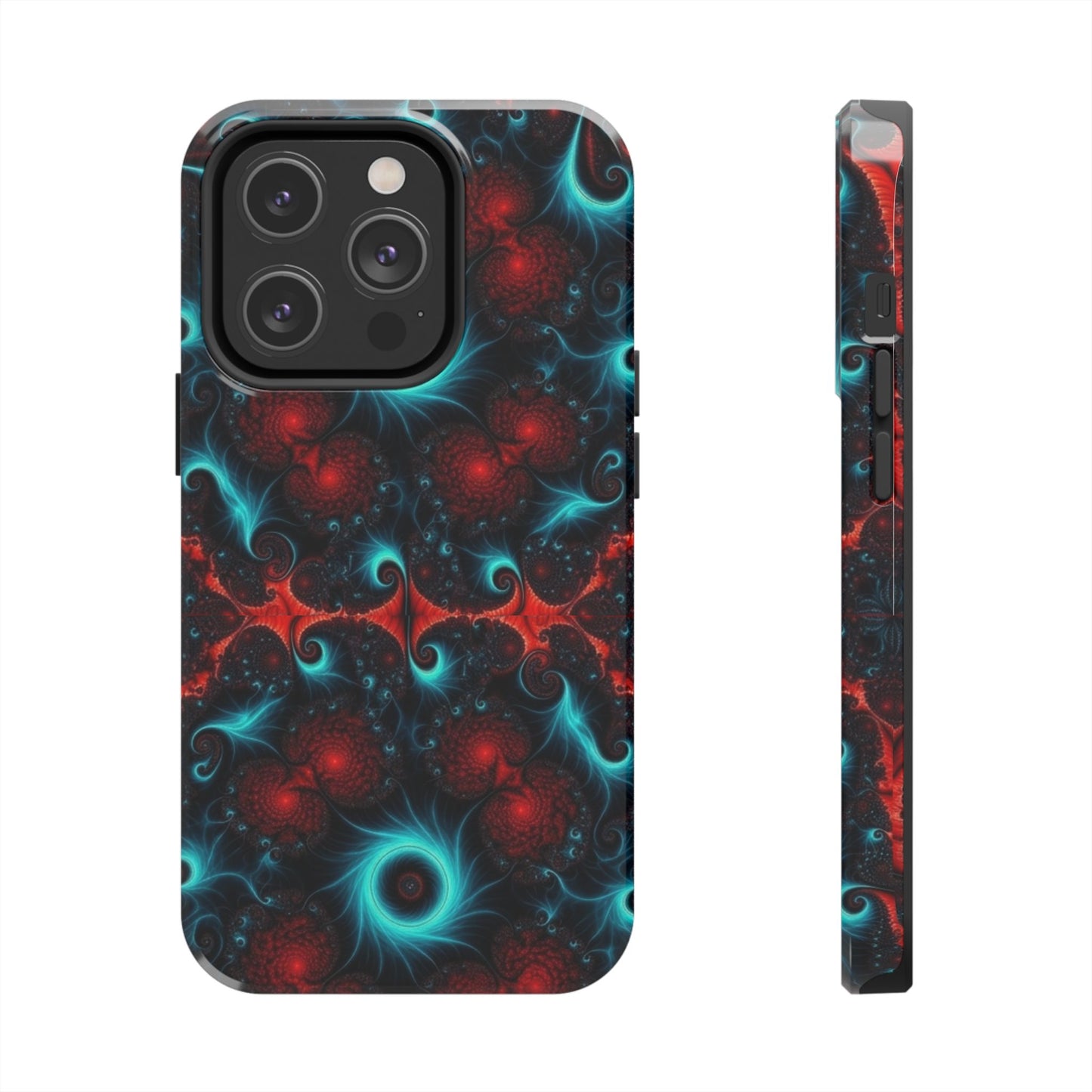 Fractal Bloom Tough Phone Case — Neon Red & Teal Protective Cover