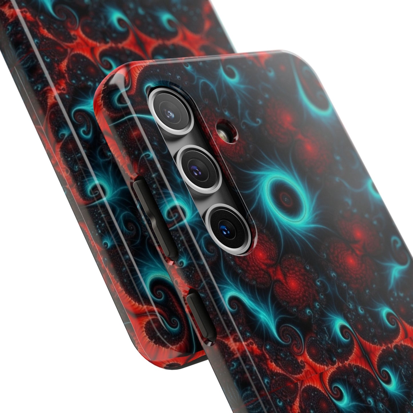 Fractal Bloom Tough Phone Case — Neon Red & Teal Protective Cover