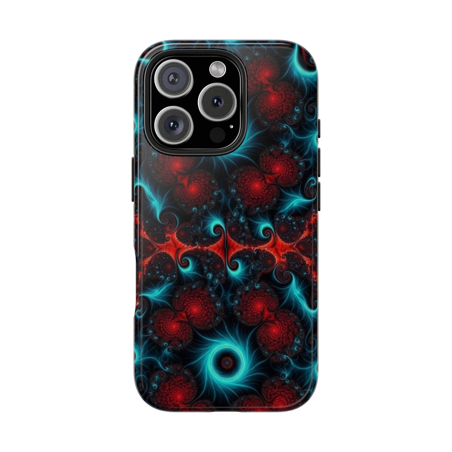 Fractal Bloom Tough Phone Case — Neon Red & Teal Protective Cover