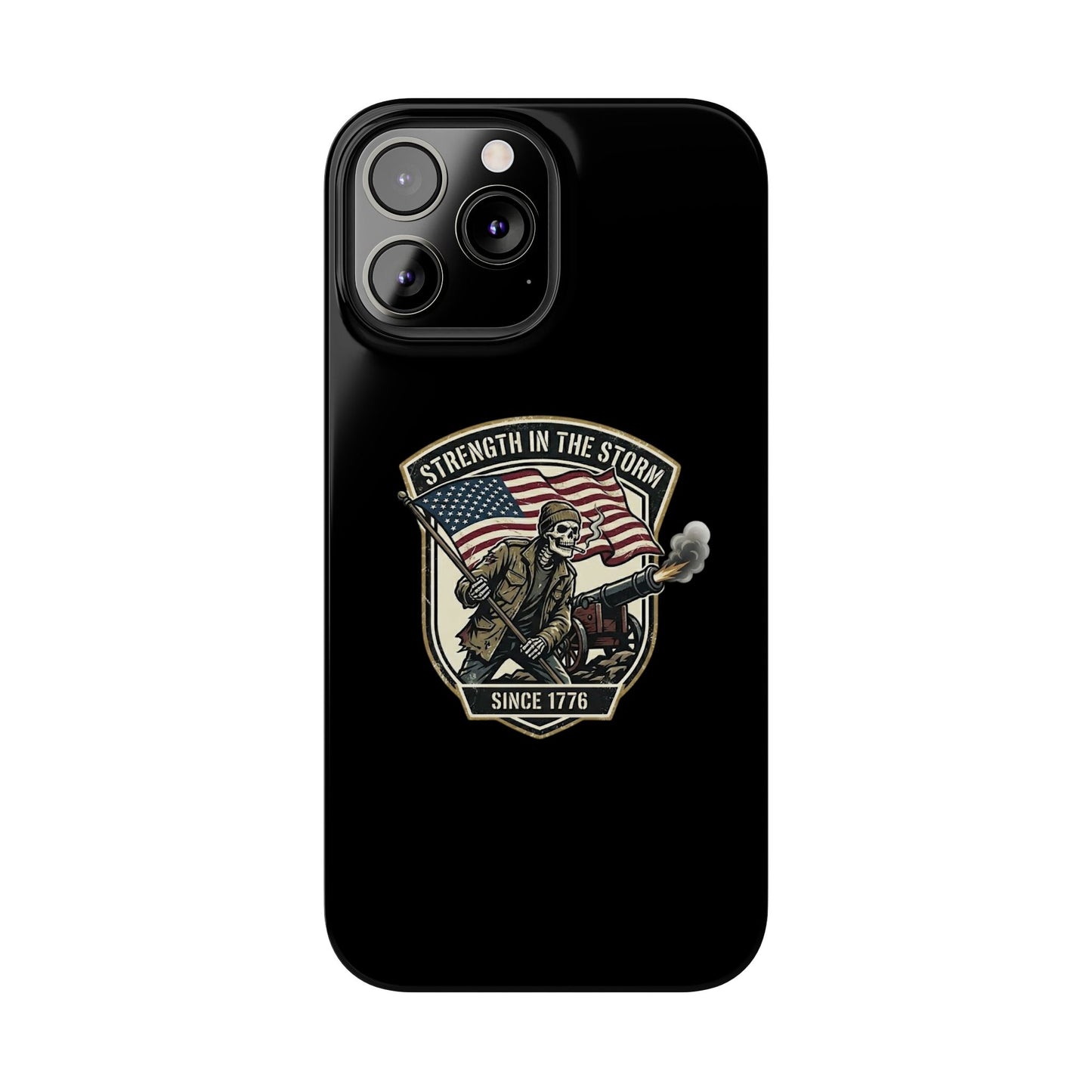 American Slim Phone Case — "Strength in the Storm" Patriotic Skeleton Soldier Design