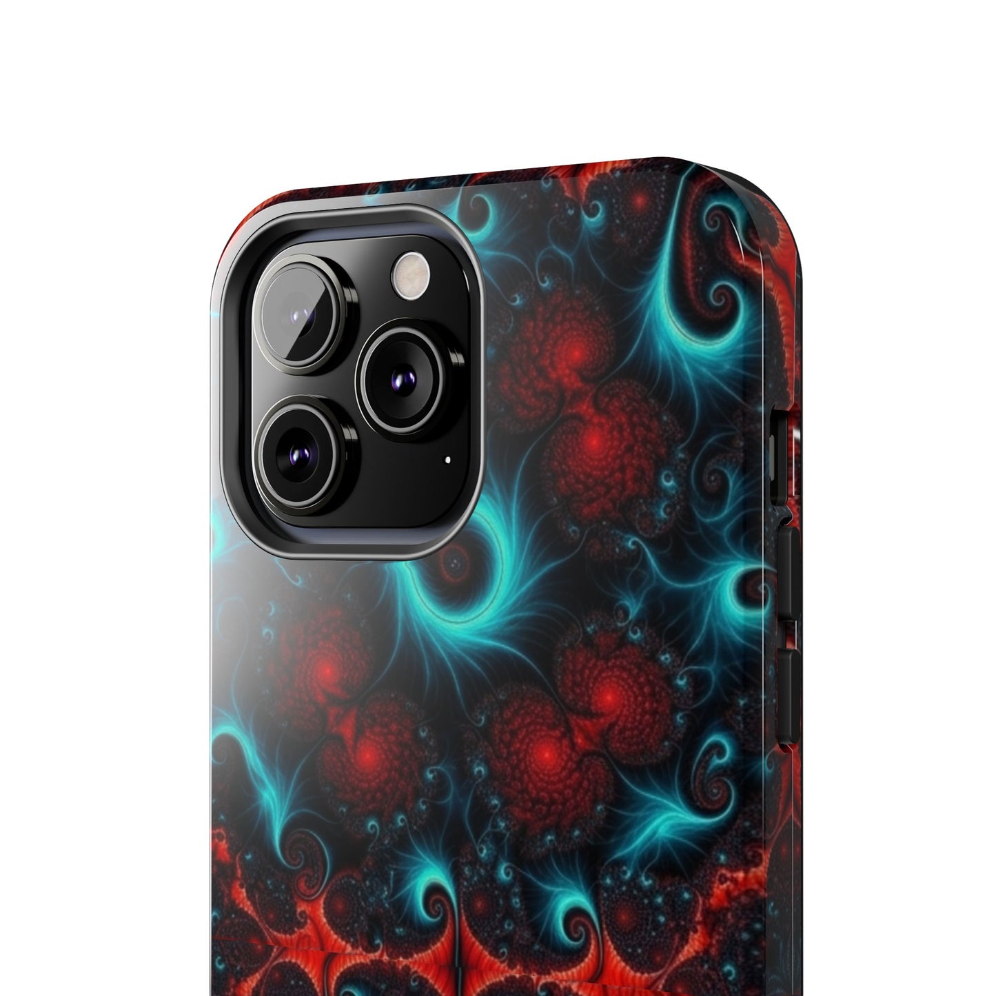 Fractal Bloom Tough Phone Case — Neon Red & Teal Protective Cover