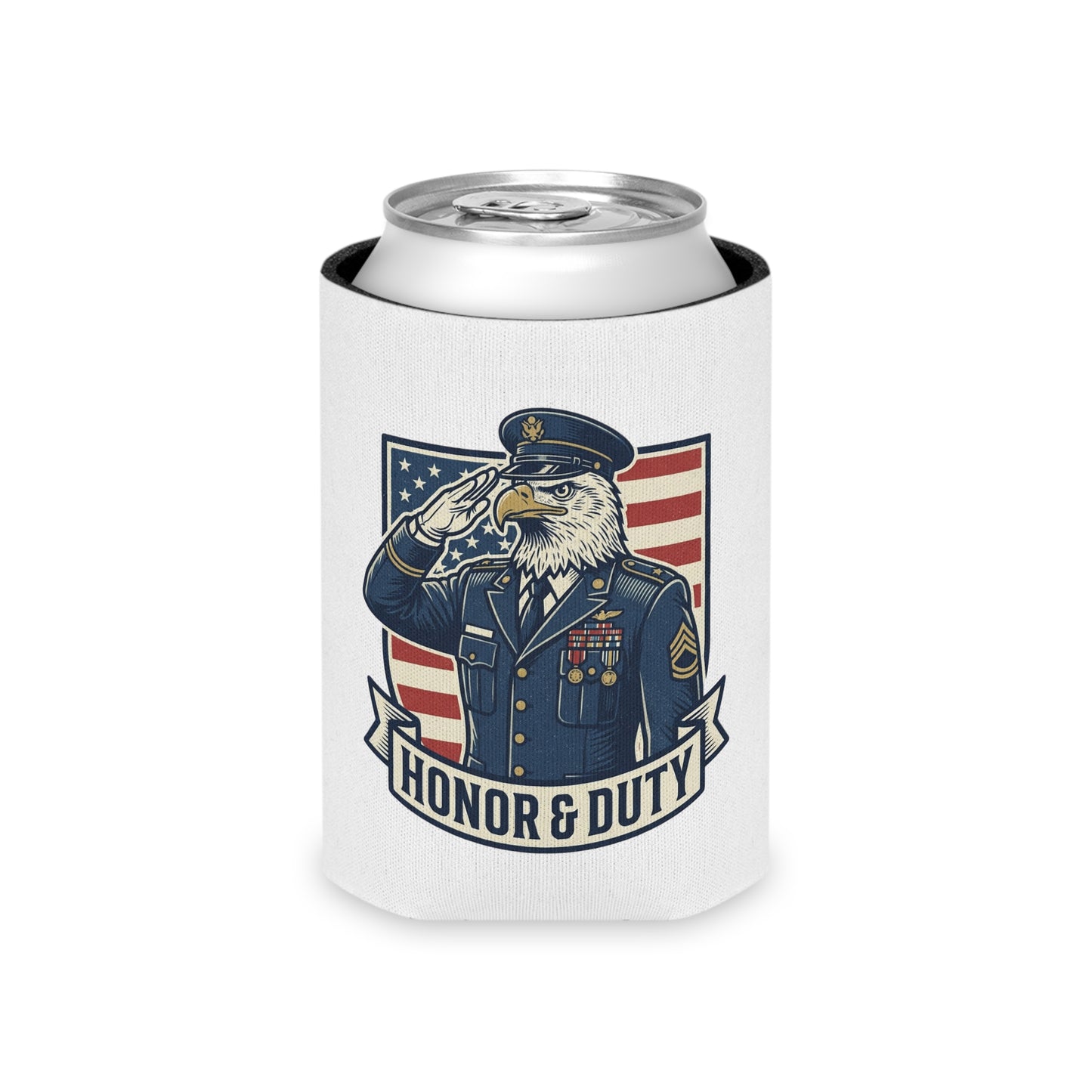 Honor & Duty Can Cooler — Patriotic Eagle Salute Beverage Koozie