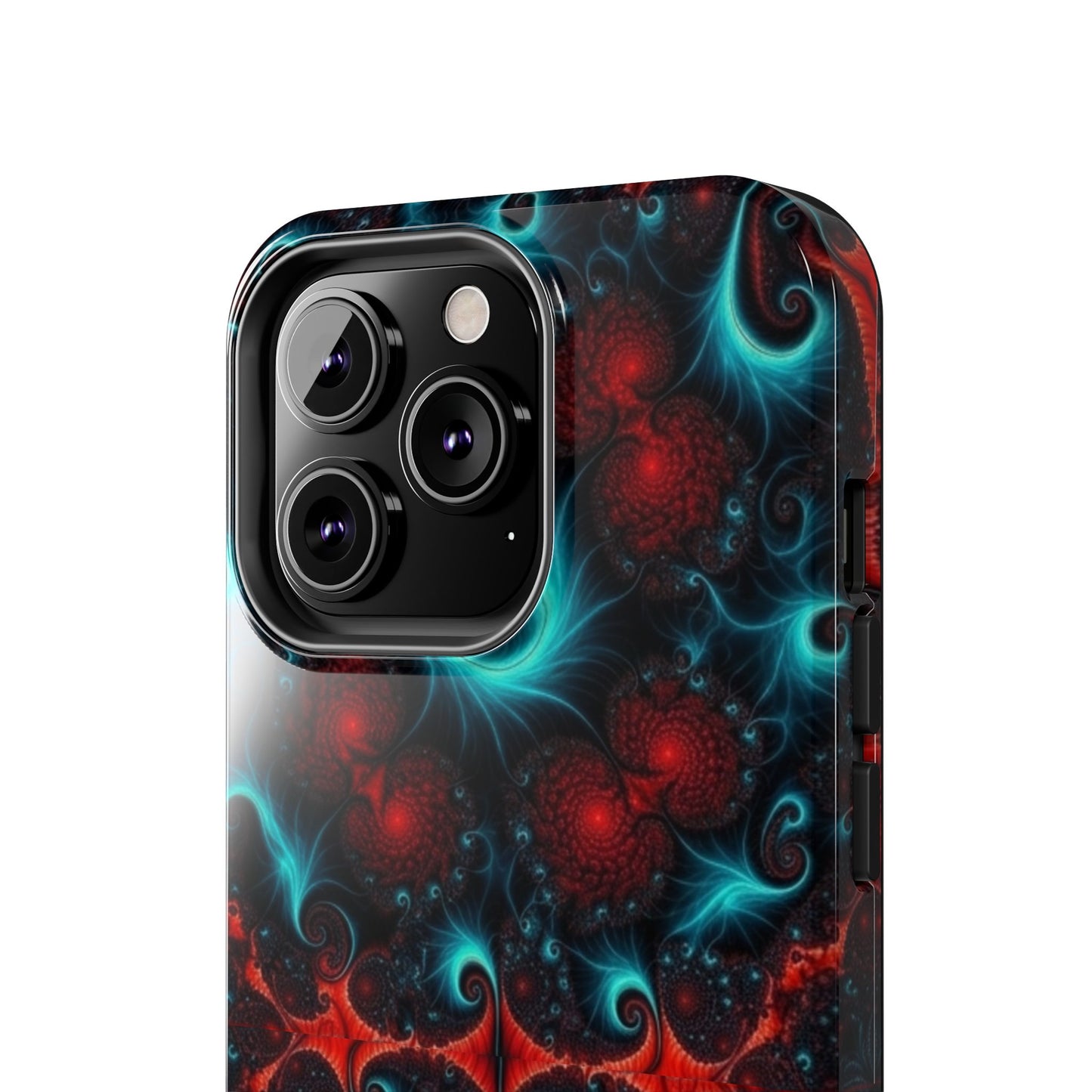 Fractal Bloom Tough Phone Case — Neon Red & Teal Protective Cover