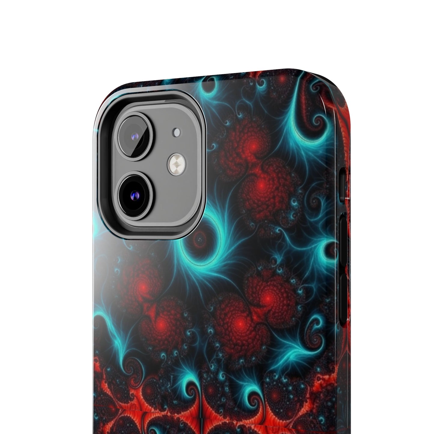 Fractal Bloom Tough Phone Case — Neon Red & Teal Protective Cover