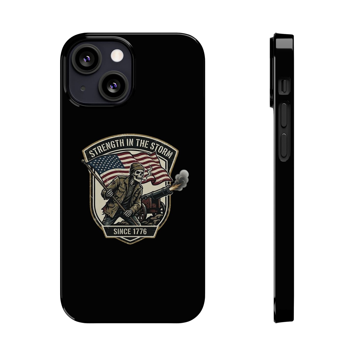 American Slim Phone Case — "Strength in the Storm" Patriotic Skeleton Soldier Design
