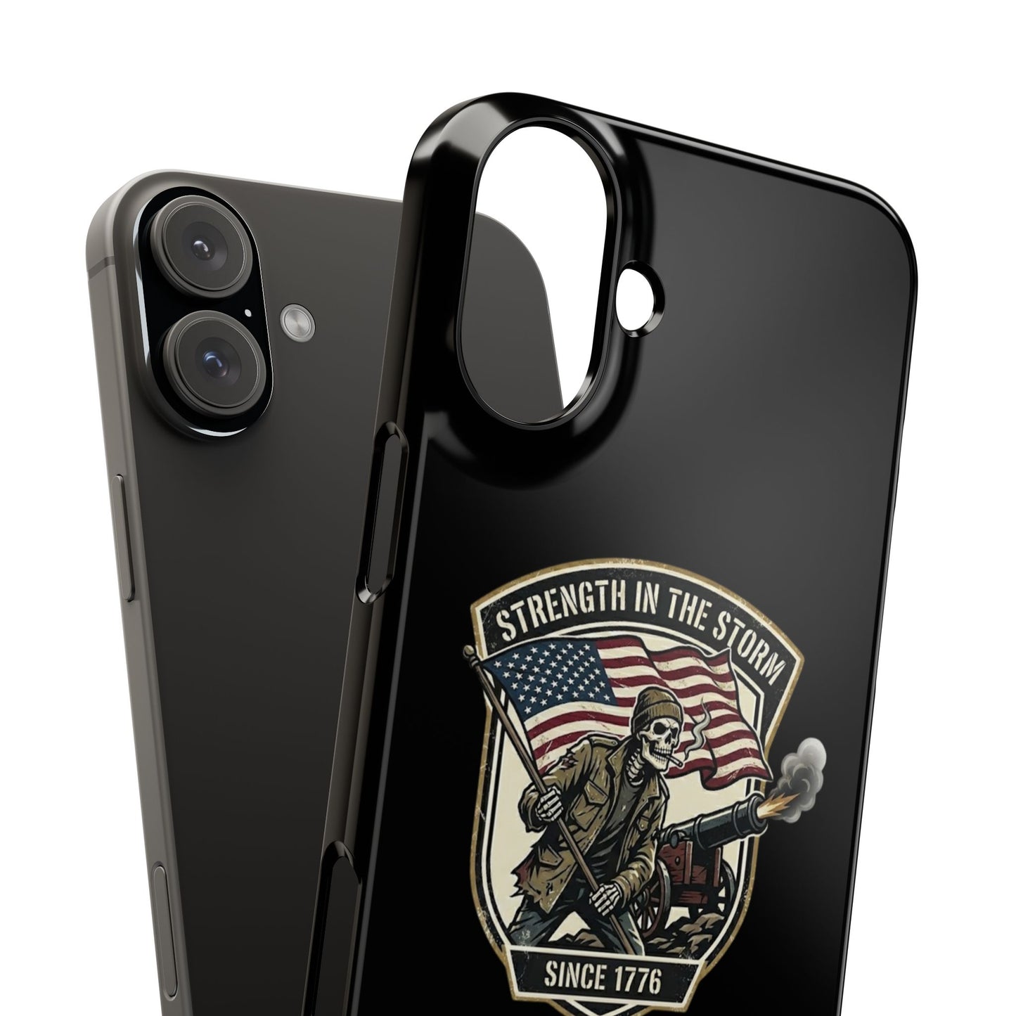 American Slim Phone Case — "Strength in the Storm" Patriotic Skeleton Soldier Design