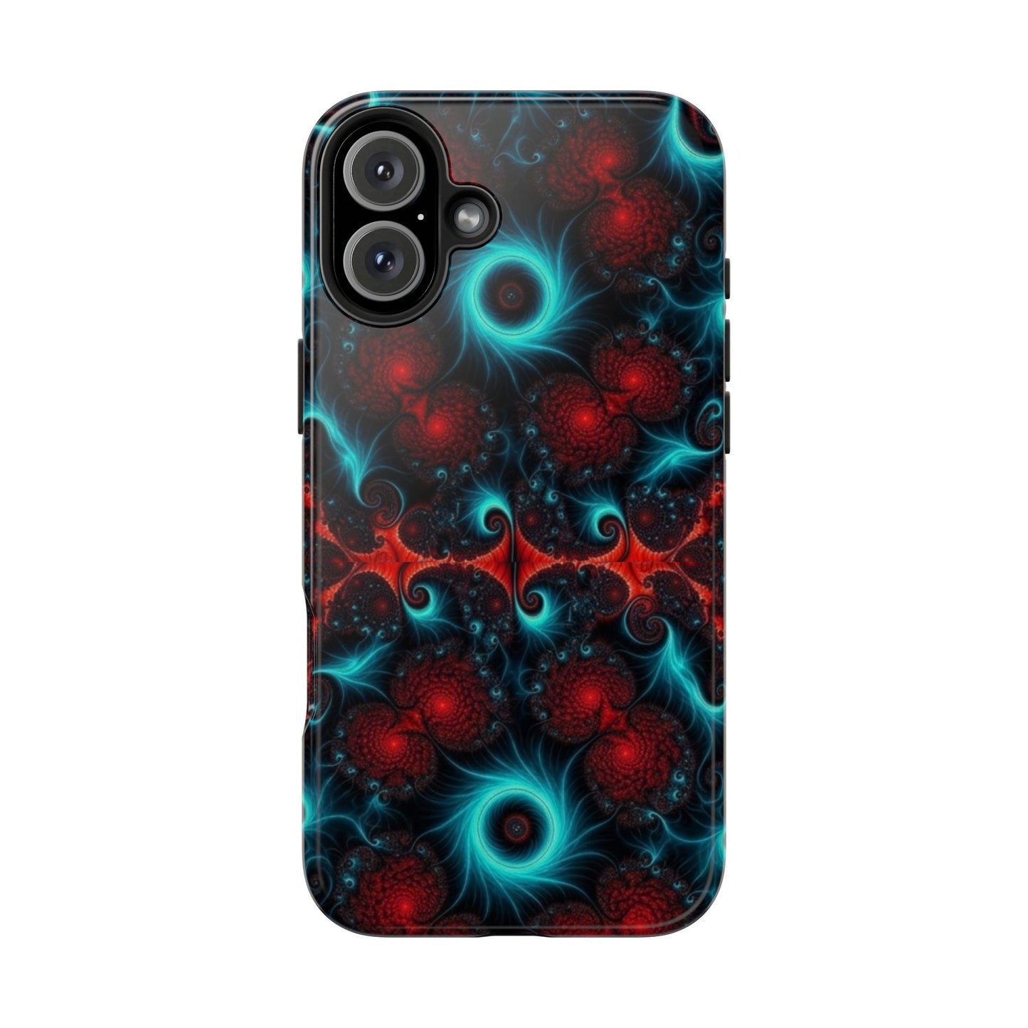 Fractal Bloom Tough Phone Case — Neon Red & Teal Protective Cover