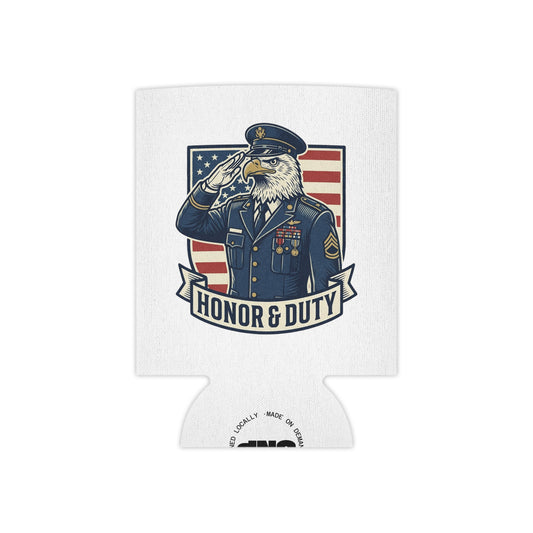 Honor & Duty Can Cooler — Patriotic Eagle Salute Beverage Koozie