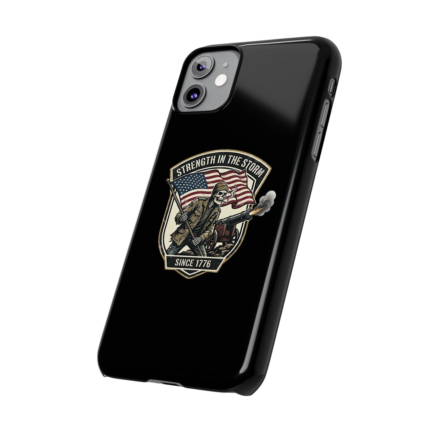 American Slim Phone Case — "Strength in the Storm" Patriotic Skeleton Soldier Design
