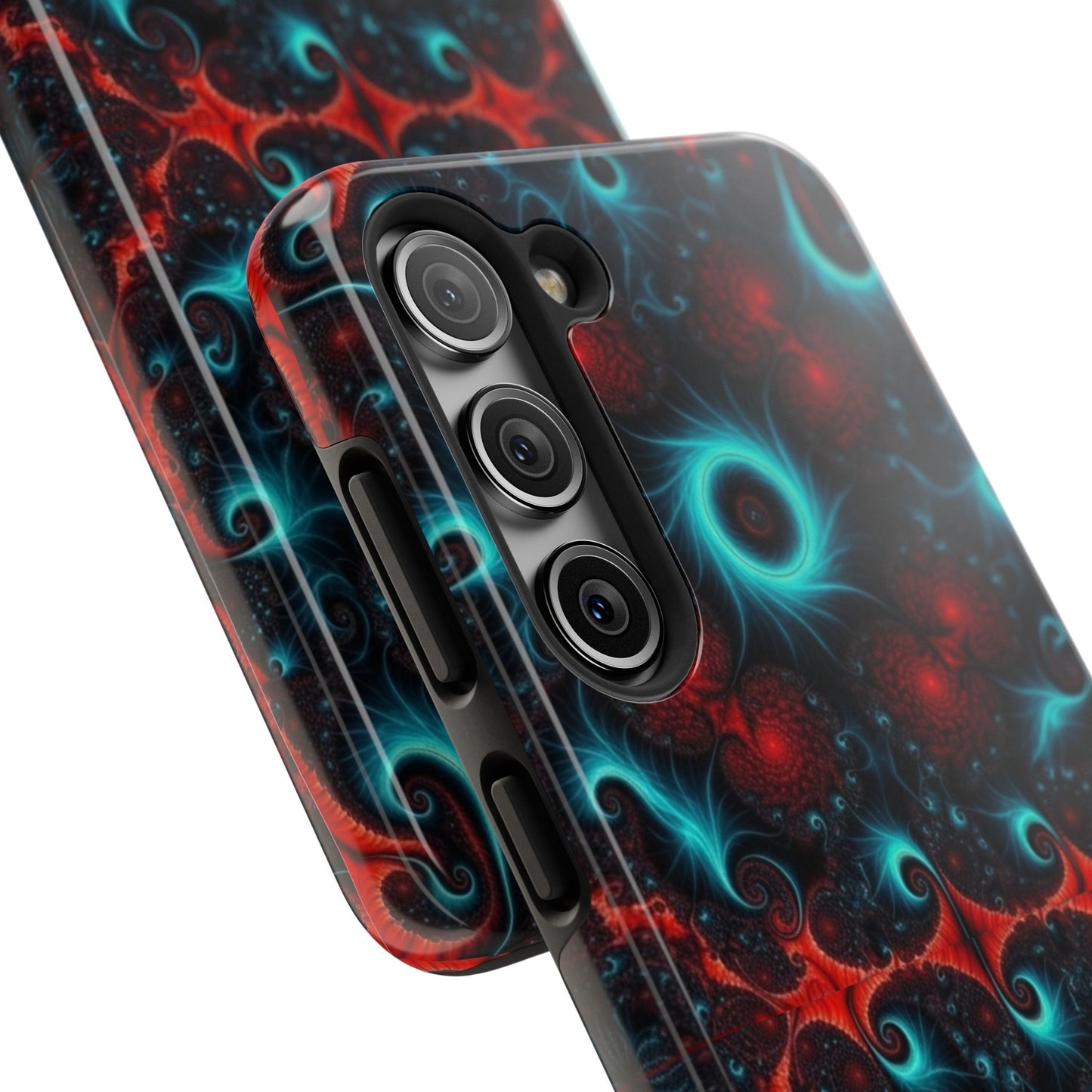 Fractal Bloom Tough Phone Case — Neon Red & Teal Protective Cover