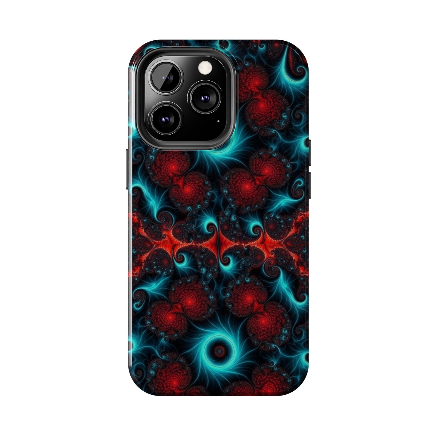 Fractal Bloom Tough Phone Case — Neon Red & Teal Protective Cover
