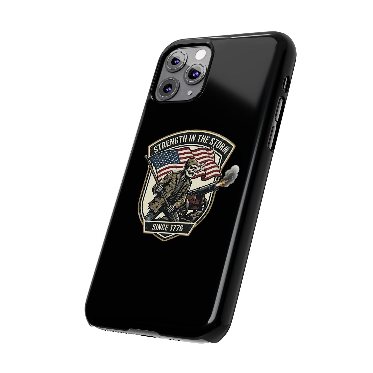 American Slim Phone Case — "Strength in the Storm" Patriotic Skeleton Soldier Design