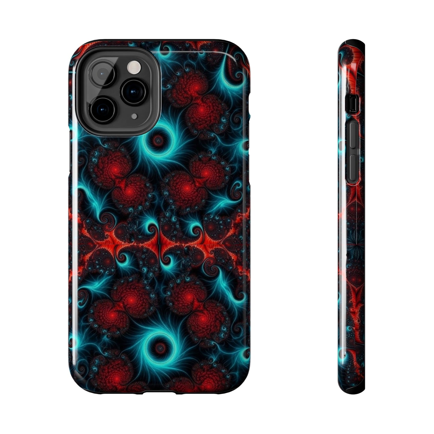 Fractal Bloom Tough Phone Case — Neon Red & Teal Protective Cover