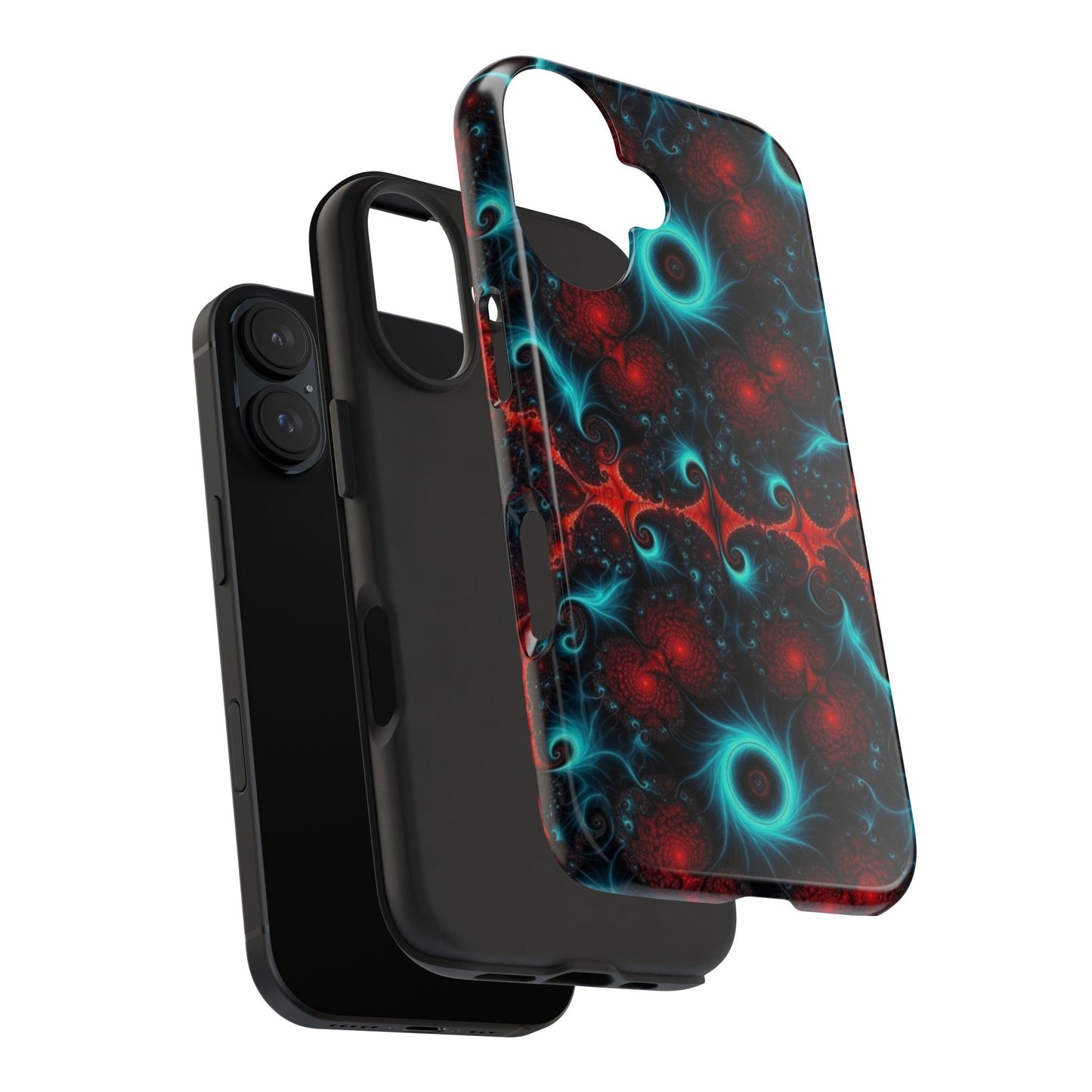 Fractal Bloom Tough Phone Case — Neon Red & Teal Protective Cover