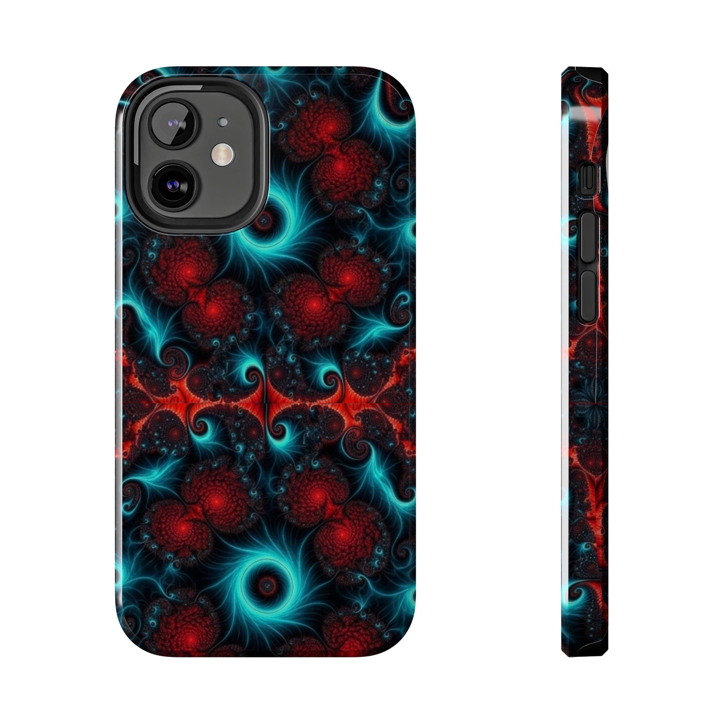 Fractal Bloom Tough Phone Case — Neon Red & Teal Protective Cover