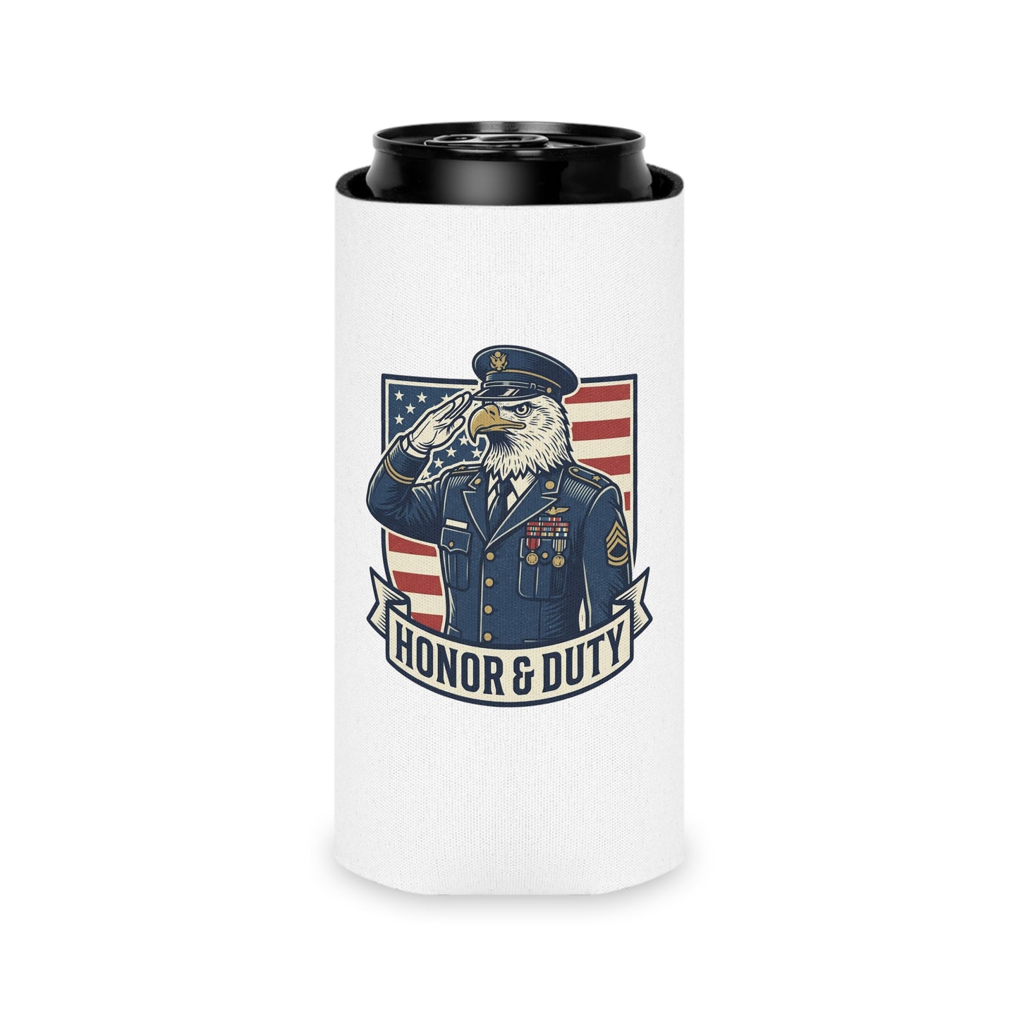 Honor & Duty Can Cooler — Patriotic Eagle Salute Beverage Koozie