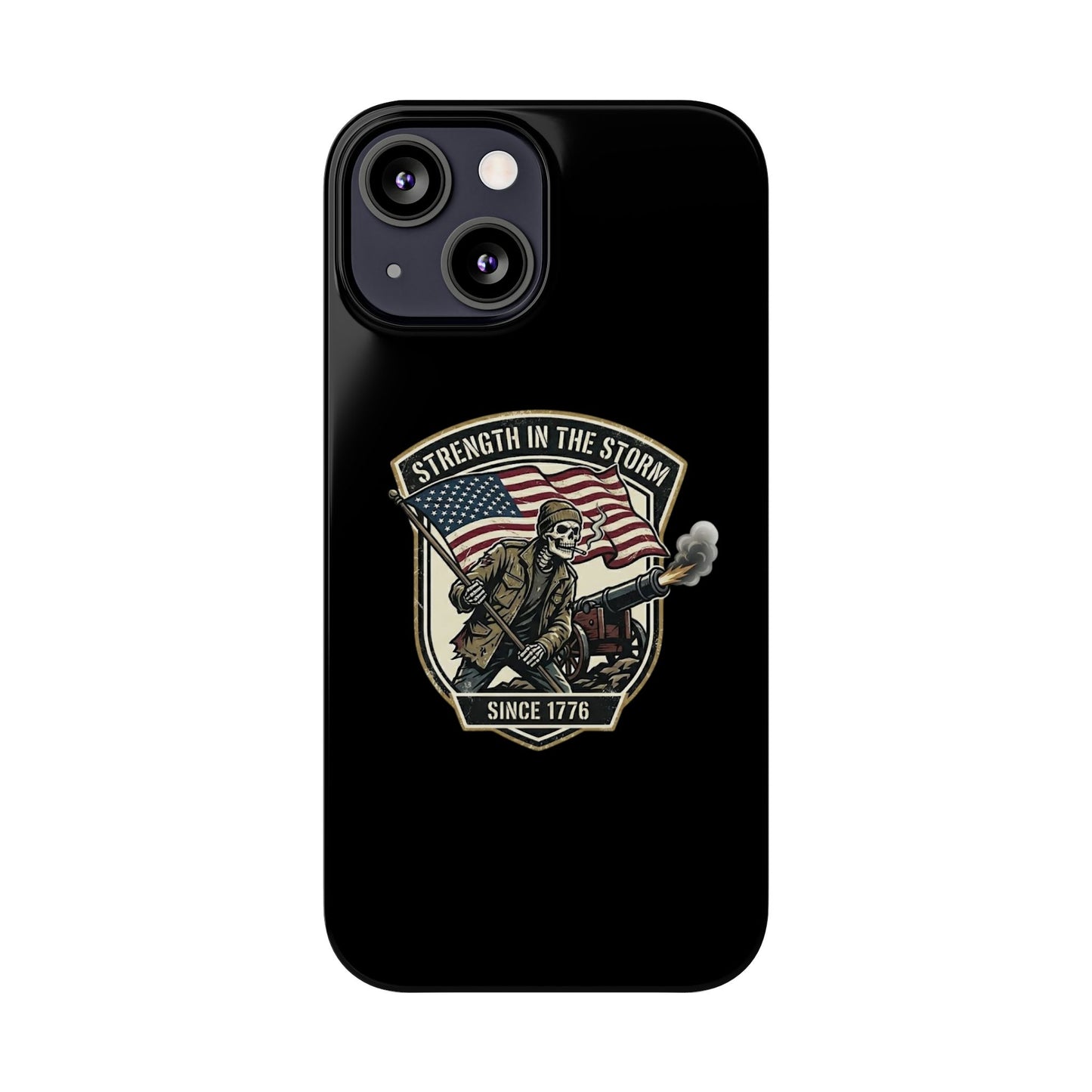 American Slim Phone Case — "Strength in the Storm" Patriotic Skeleton Soldier Design