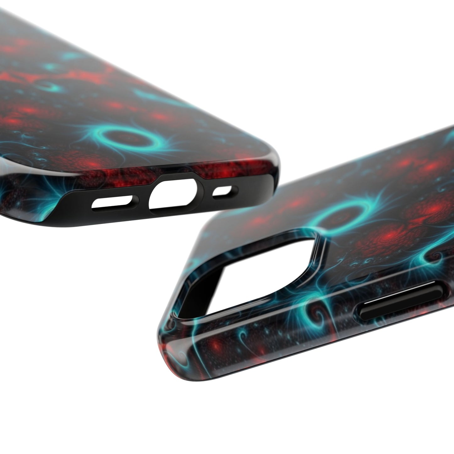 Fractal Bloom Tough Phone Case — Neon Red & Teal Protective Cover