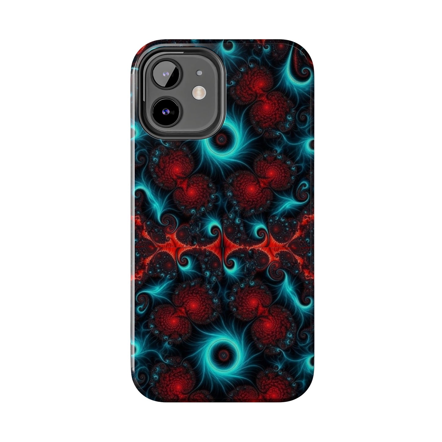 Fractal Bloom Tough Phone Case — Neon Red & Teal Protective Cover