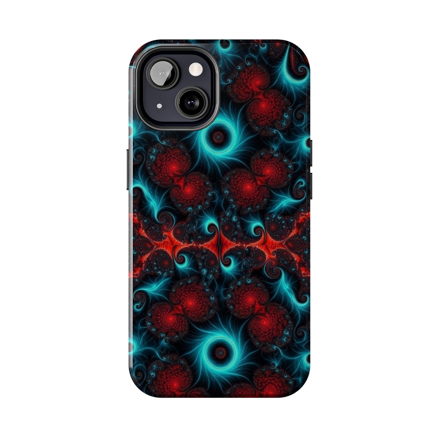 Fractal Bloom Tough Phone Case — Neon Red & Teal Protective Cover