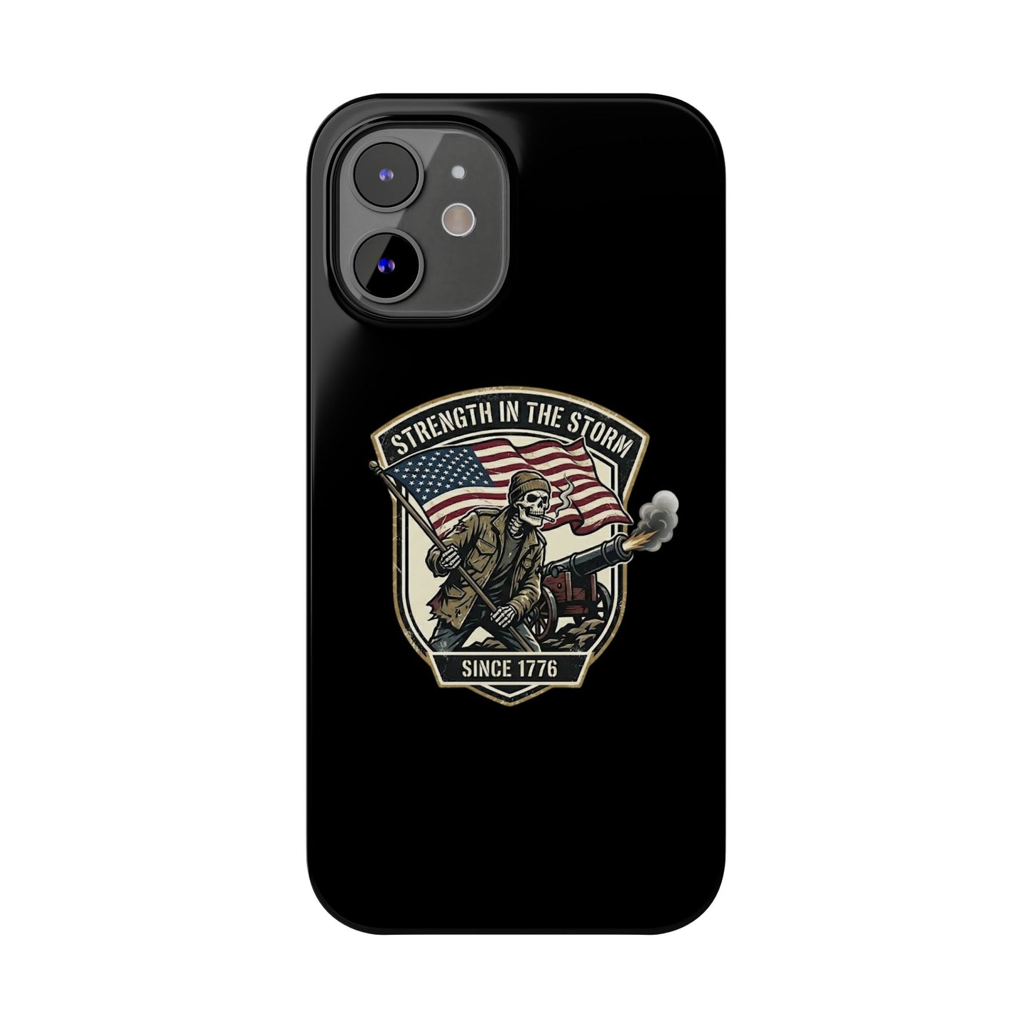 American Slim Phone Case — "Strength in the Storm" Patriotic Skeleton Soldier Design
