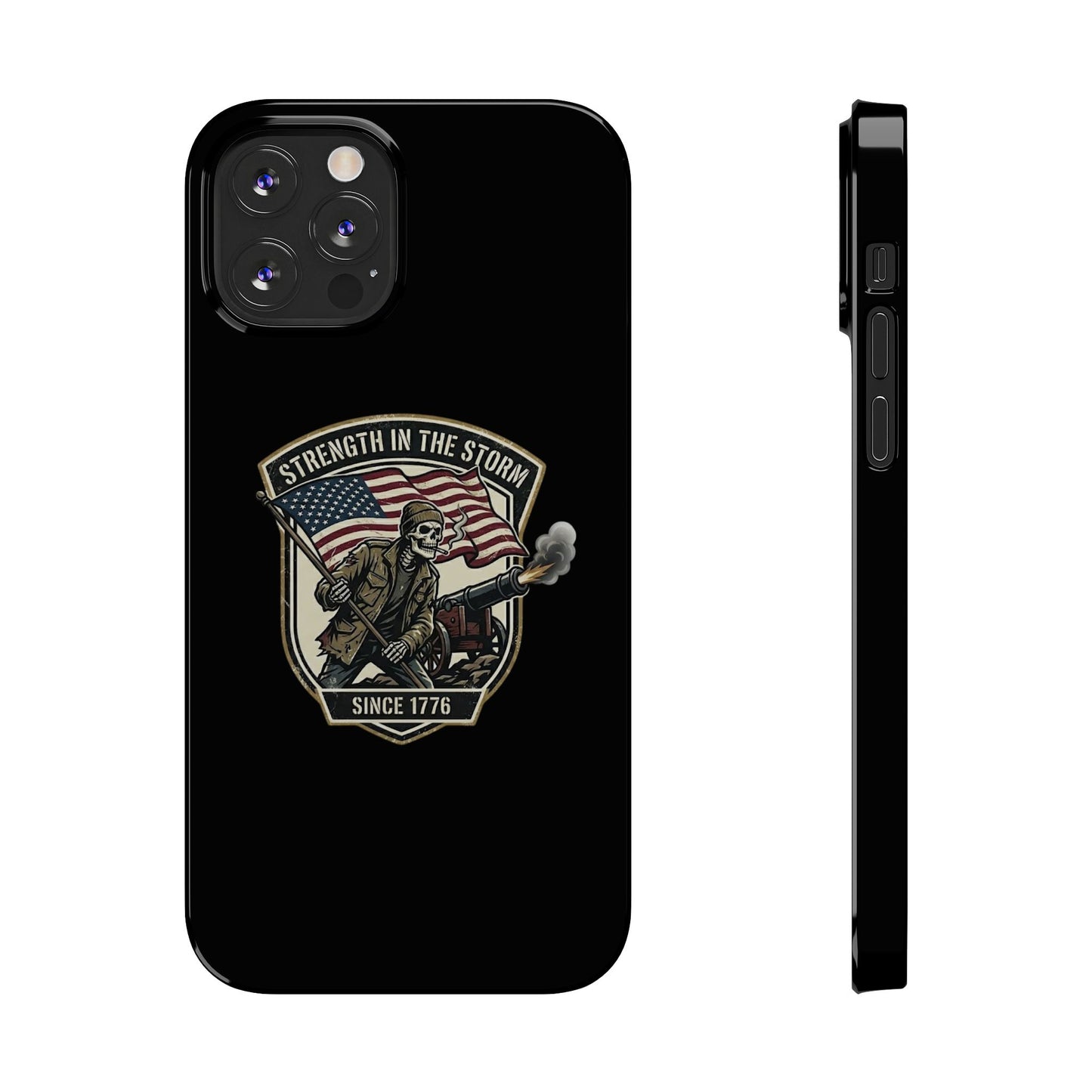 American Slim Phone Case — "Strength in the Storm" Patriotic Skeleton Soldier Design