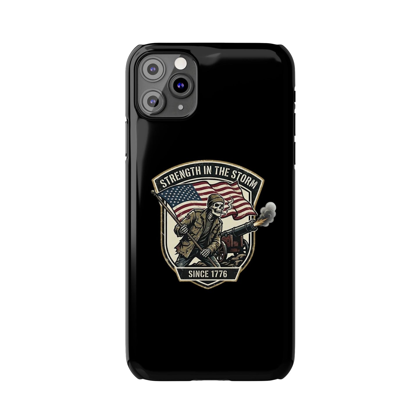 American Slim Phone Case — "Strength in the Storm" Patriotic Skeleton Soldier Design