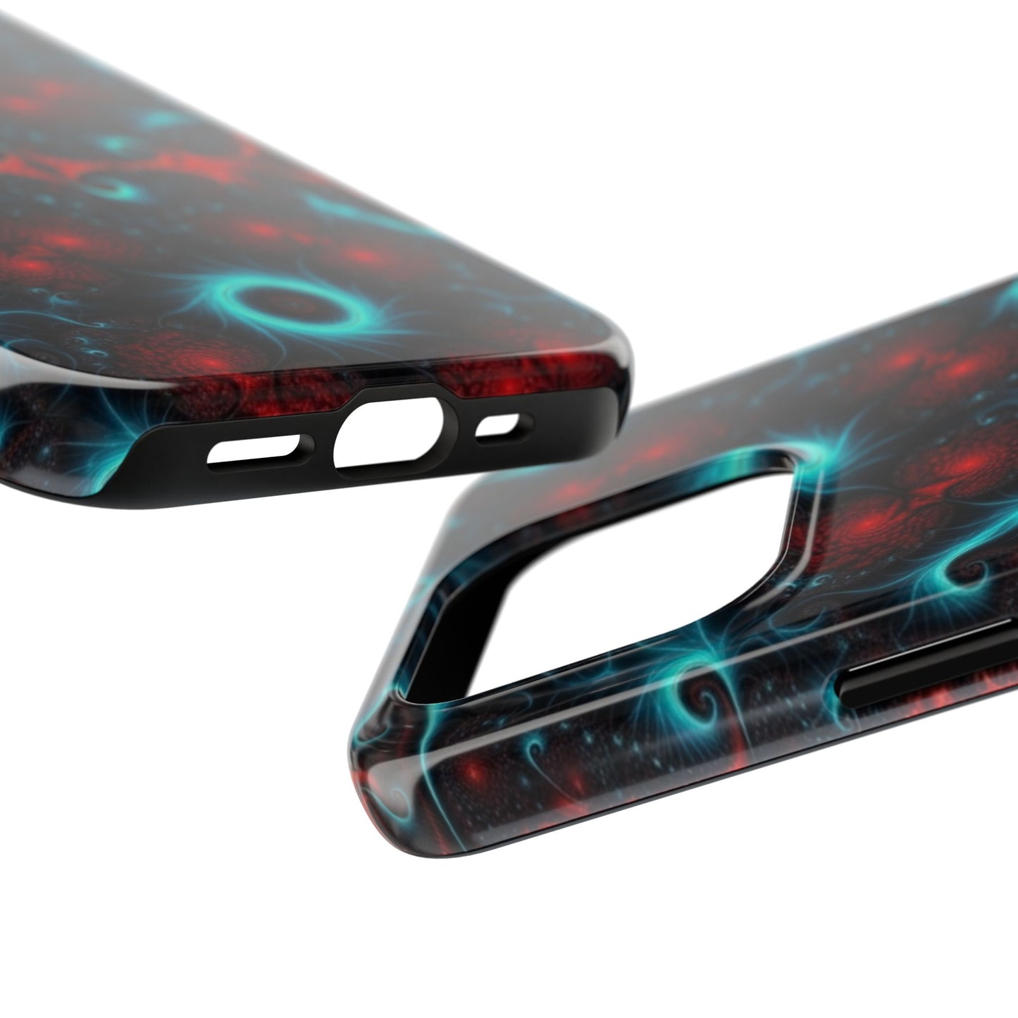 Fractal Bloom Tough Phone Case — Neon Red & Teal Protective Cover