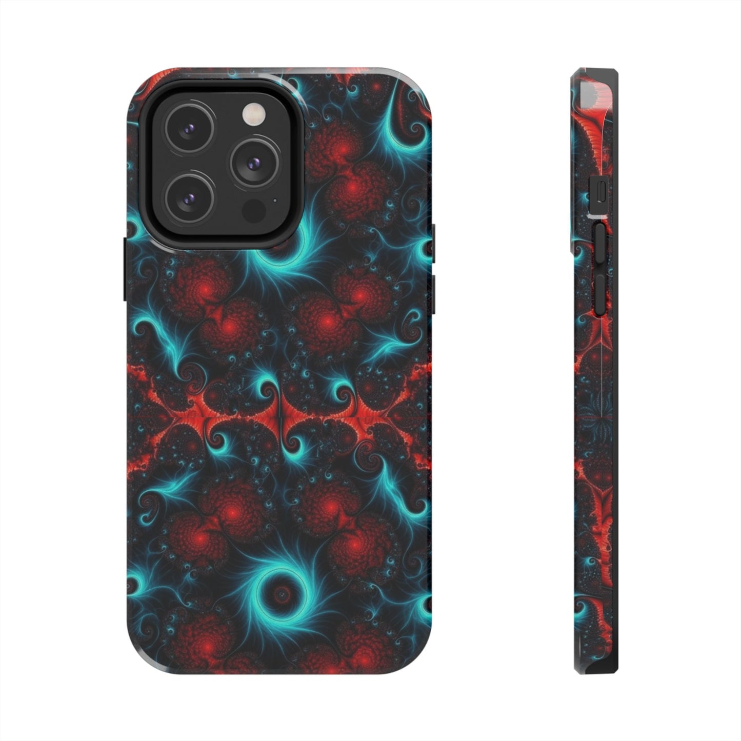 Fractal Bloom Tough Phone Case — Neon Red & Teal Protective Cover