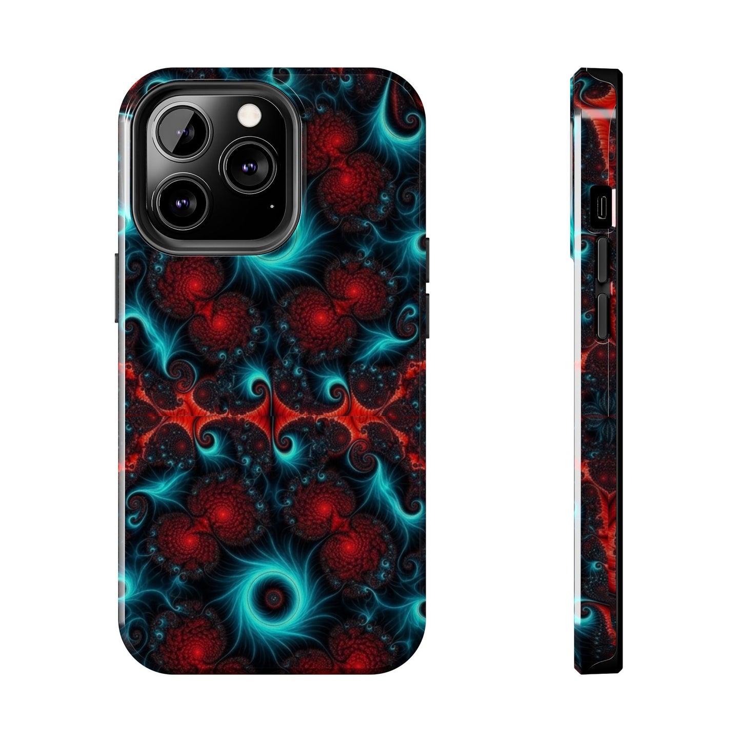 Fractal Bloom Tough Phone Case — Neon Red & Teal Protective Cover