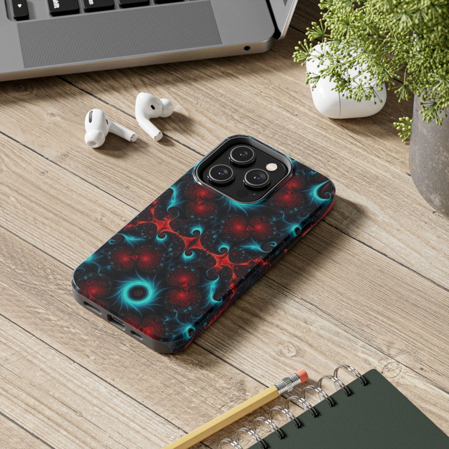 Fractal Bloom Tough Phone Case — Neon Red & Teal Protective Cover