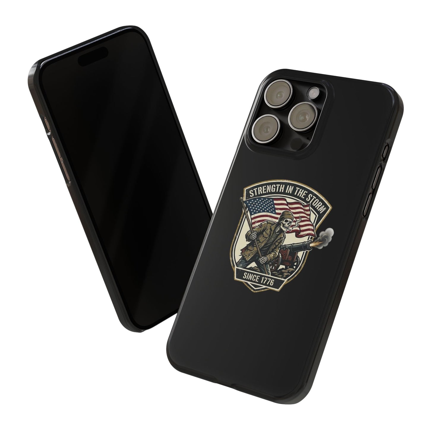 American Slim Phone Case — "Strength in the Storm" Patriotic Skeleton Soldier Design