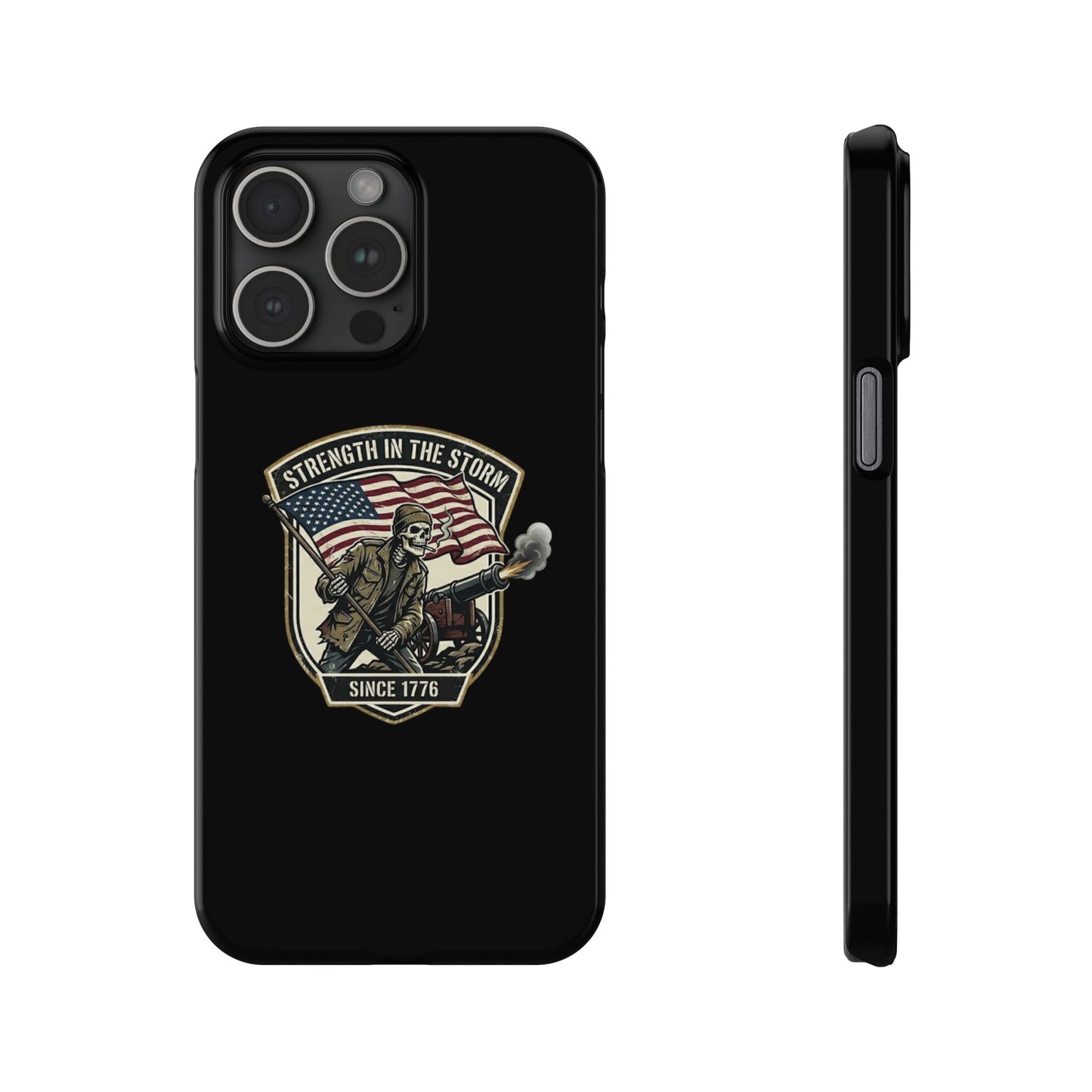 American Slim Phone Case — "Strength in the Storm" Patriotic Skeleton Soldier Design