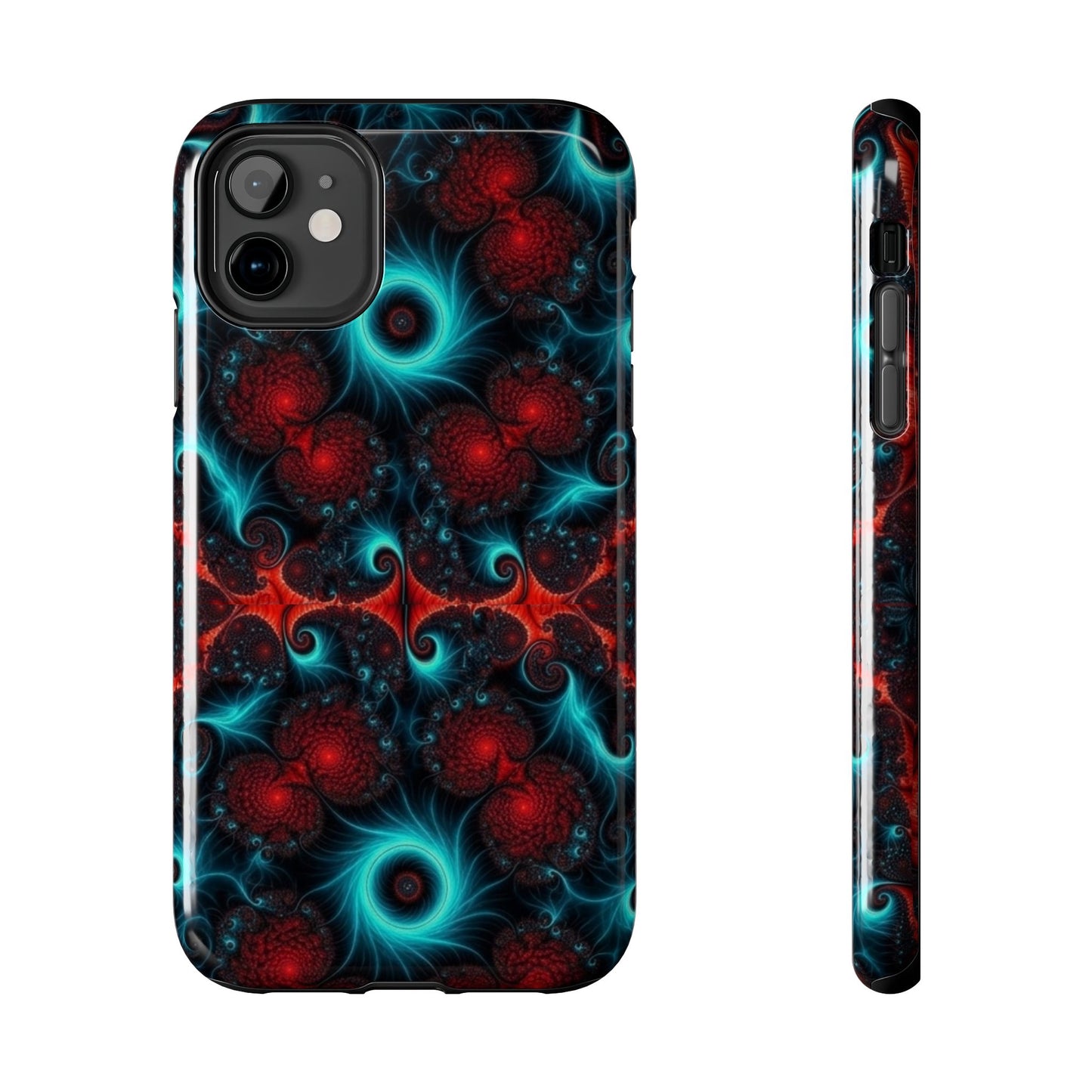Fractal Bloom Tough Phone Case — Neon Red & Teal Protective Cover