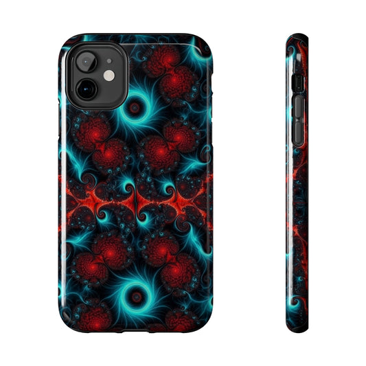 Fractal Bloom Tough Phone Case — Neon Red & Teal Protective Cover