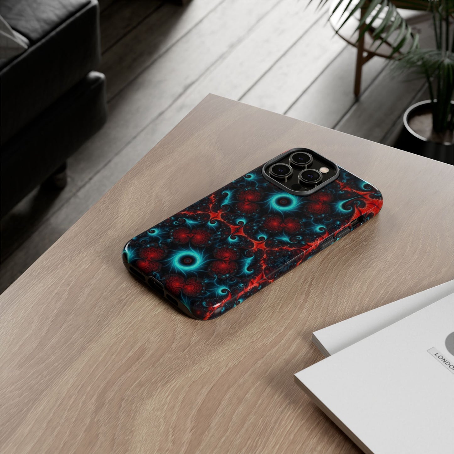 Phone case glossy ---Galaxy Fractal Tough Phone Case — Red & Teal Abstract Protective Cover