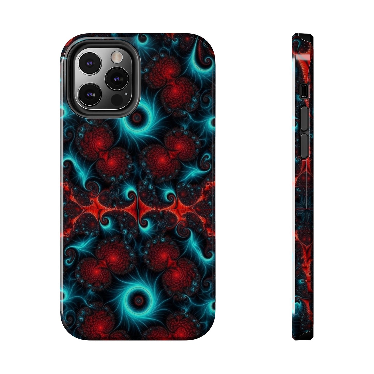 Fractal Bloom Tough Phone Case — Neon Red & Teal Protective Cover