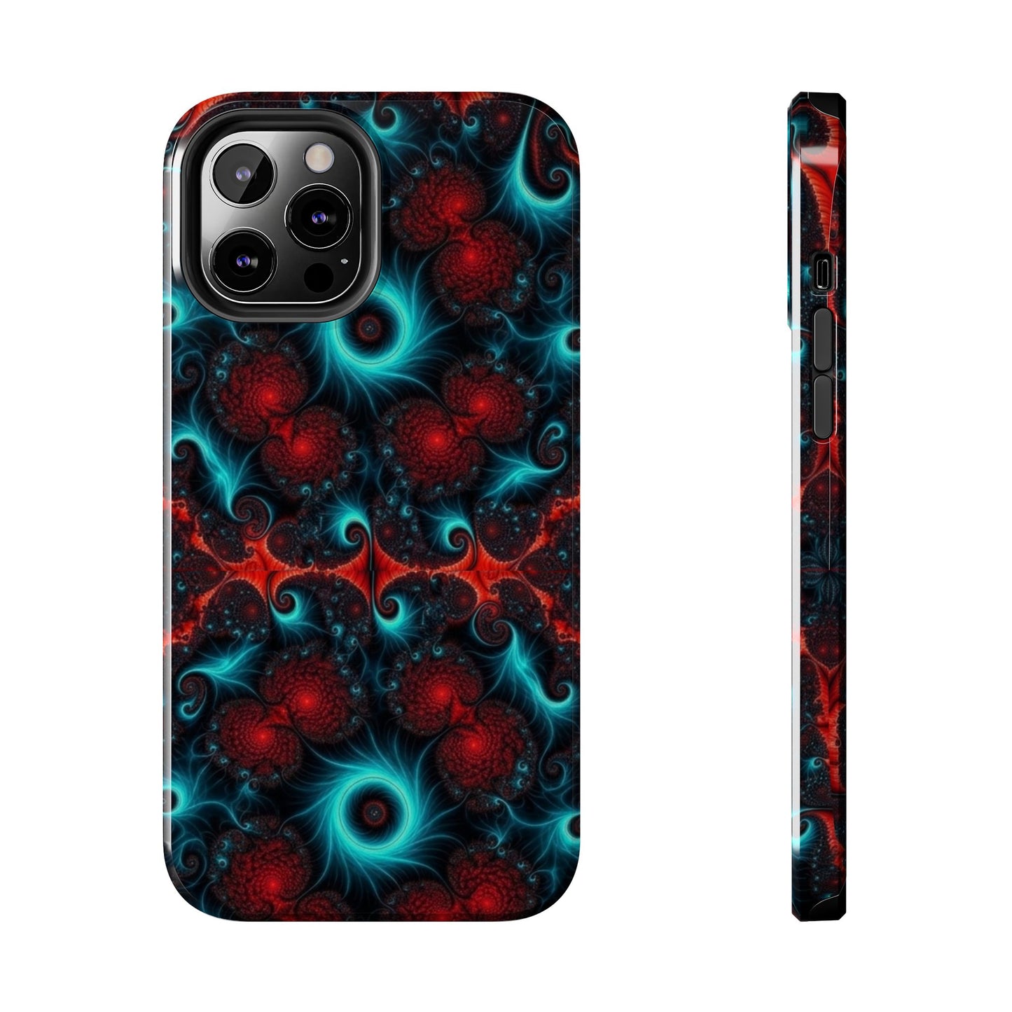 Fractal Bloom Tough Phone Case — Neon Red & Teal Protective Cover