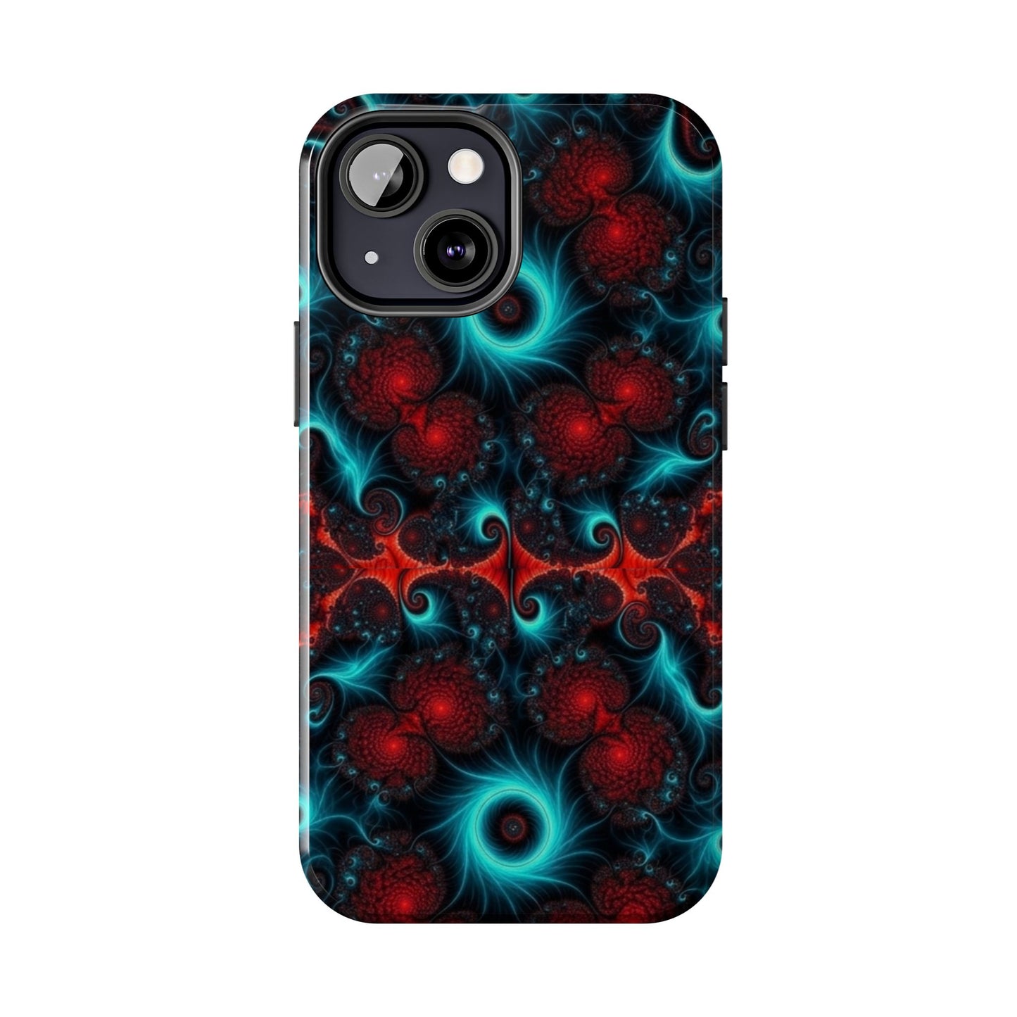 Fractal Bloom Tough Phone Case — Neon Red & Teal Protective Cover